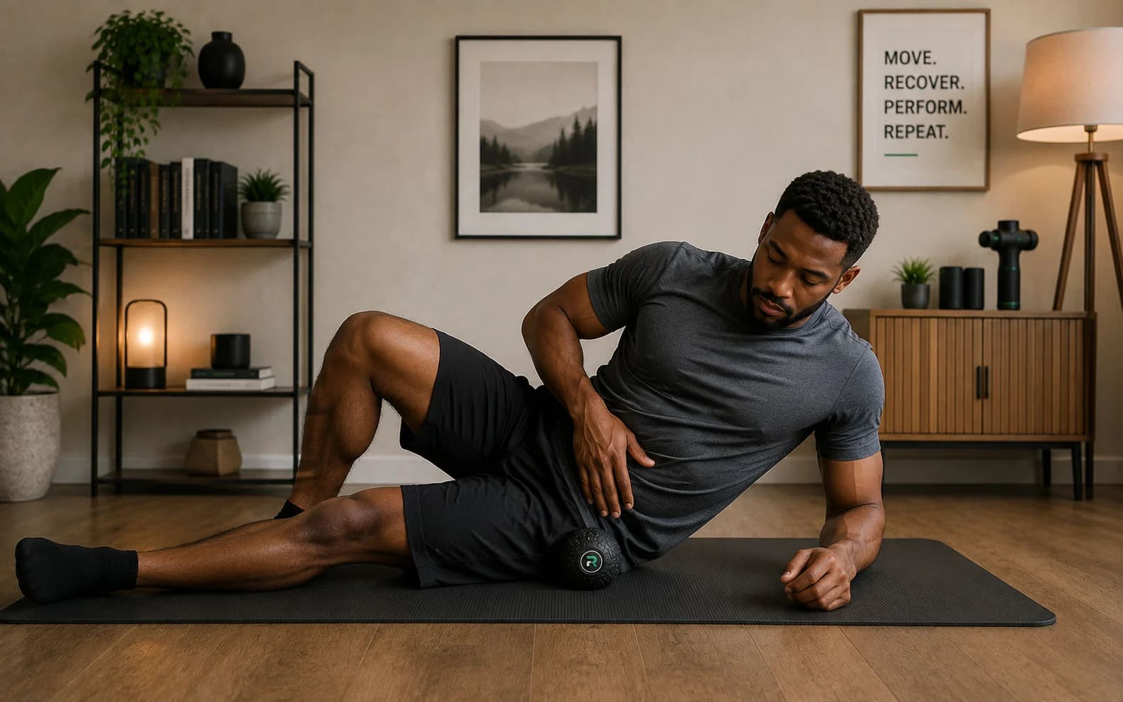 An adult using a mobility ball beside the hip in a home exercise setting