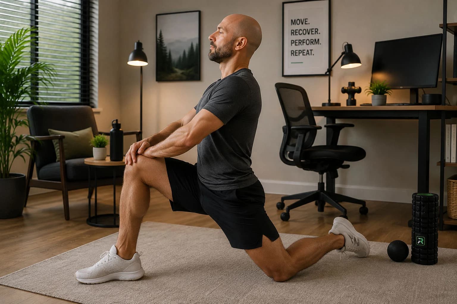 An adult desk worker taking a restorative movement break in a home office